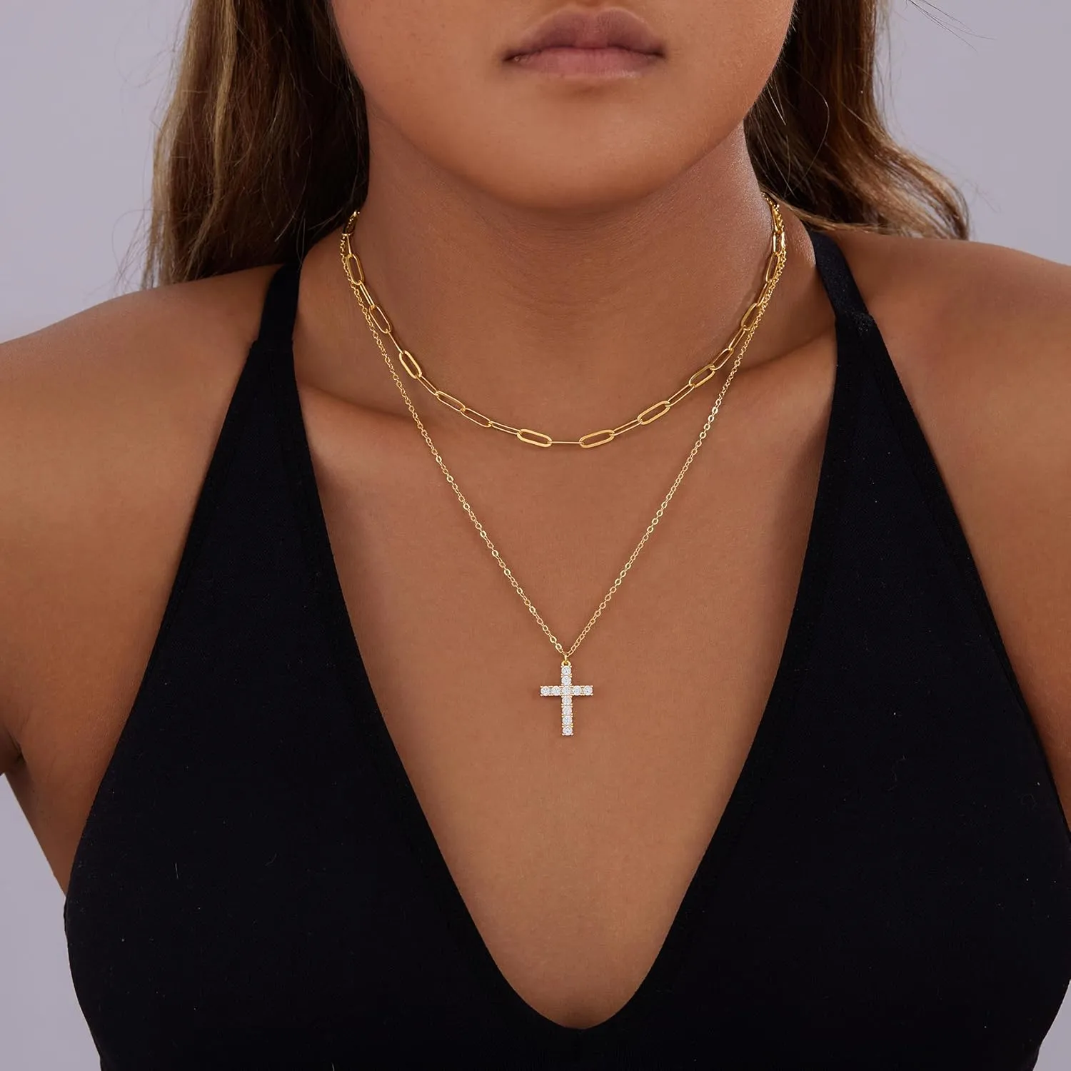 Layered Gold Necklaces for Women,Stackable Dainty 14K Gold Silver Plated Trendy Circle Paperclip Chain Pendant Choker Necklace,Simpl Diamond Cross Bow Jewelry Set Gifts for Women