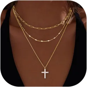 Layered Gold Necklaces for Women,Stackable Dainty 14K Gold Silver Plated Trendy Circle Paperclip Chain Pendant Choker Necklace,Simpl Diamond Cross Bow Jewelry Set Gifts for Women