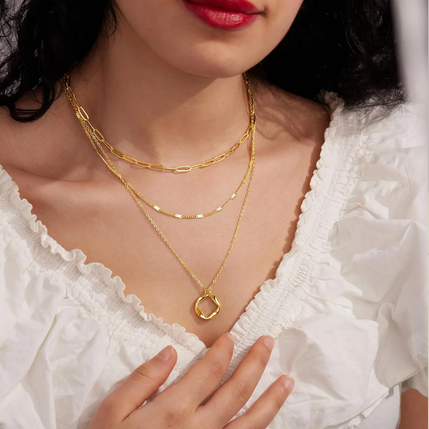 Layered Gold Necklaces for Women,Stackable Dainty 14K Gold Silver Plated Trendy Circle Paperclip Chain Pendant Choker Necklace,Simpl Diamond Cross Bow Jewelry Set Gifts for Women