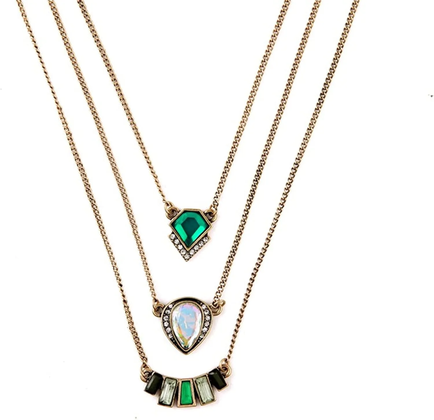 Layered Necklace, Geometric Created Emerald Multilayer Necklace Gold Plated Vintage Multilayer Necklace 3 Layer Baroque Layered Chain Necklaces Clavicle Chain for Women