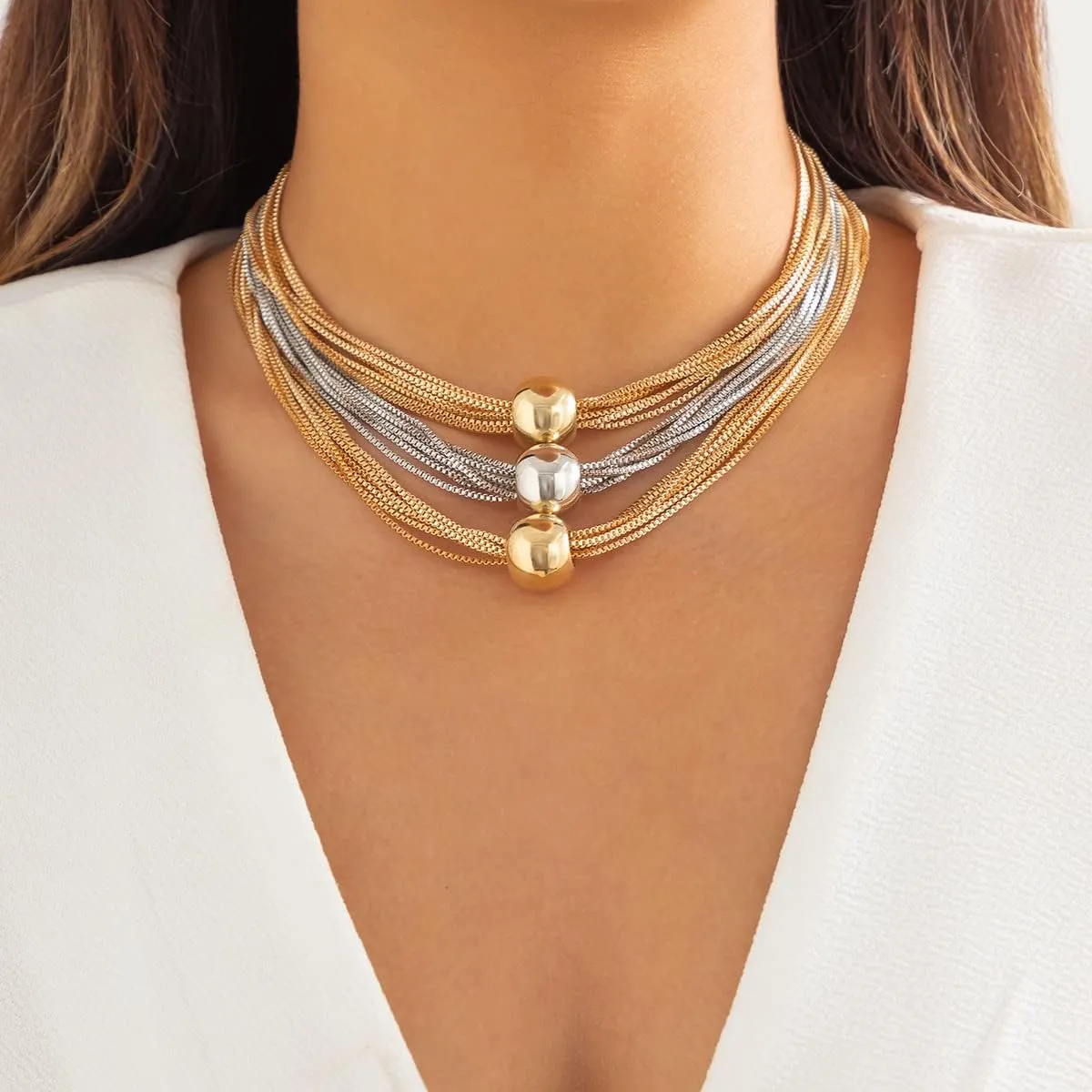 Layered Necklaces For Women Choker Wide Collar 14K Gold Plated Multi-Layer Necklace Chunky Paperclip Snake Herringbone Chain Rhinestone