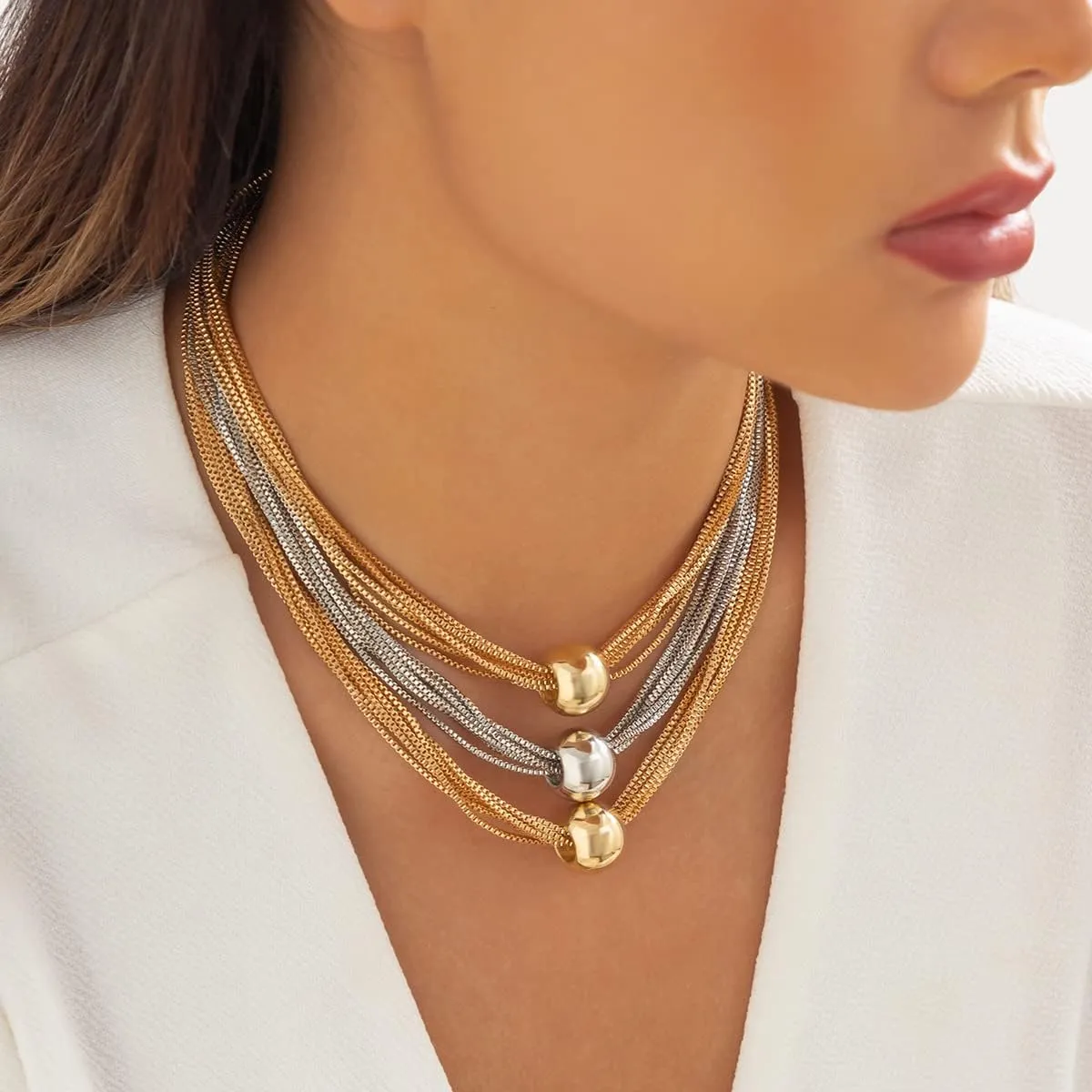 Layered Necklaces For Women Choker Wide Collar 14K Gold Plated Multi-Layer Necklace Chunky Paperclip Snake Herringbone Chain Rhinestone