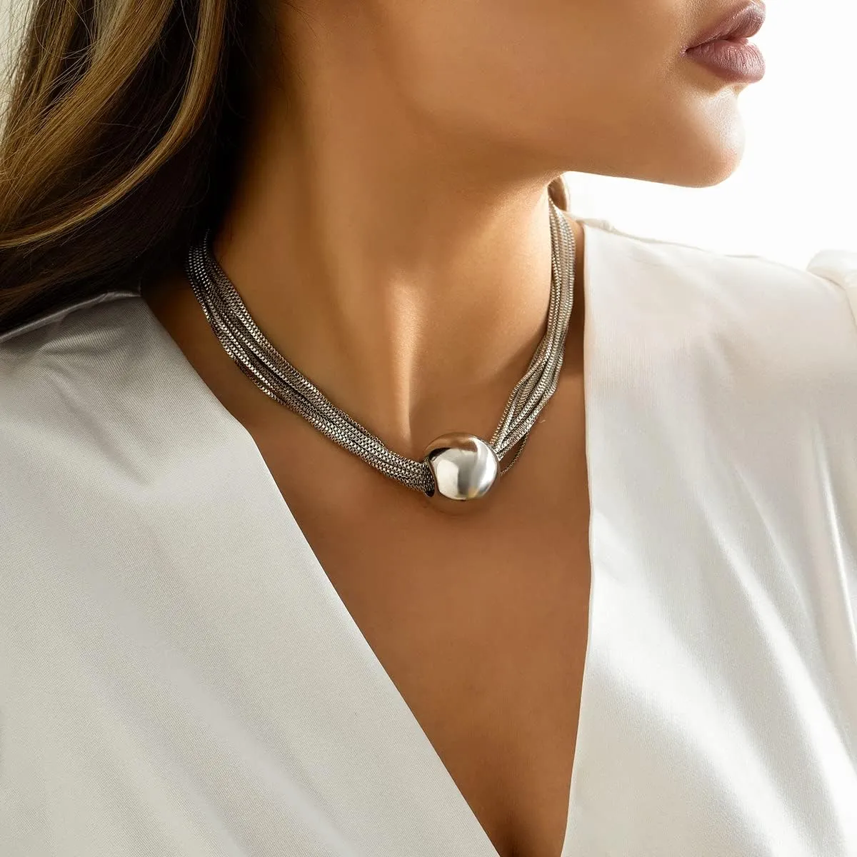Layered Necklaces For Women Choker Wide Collar 14K Gold Plated Multi-Layer Necklace Chunky Paperclip Snake Herringbone Chain Rhinestone