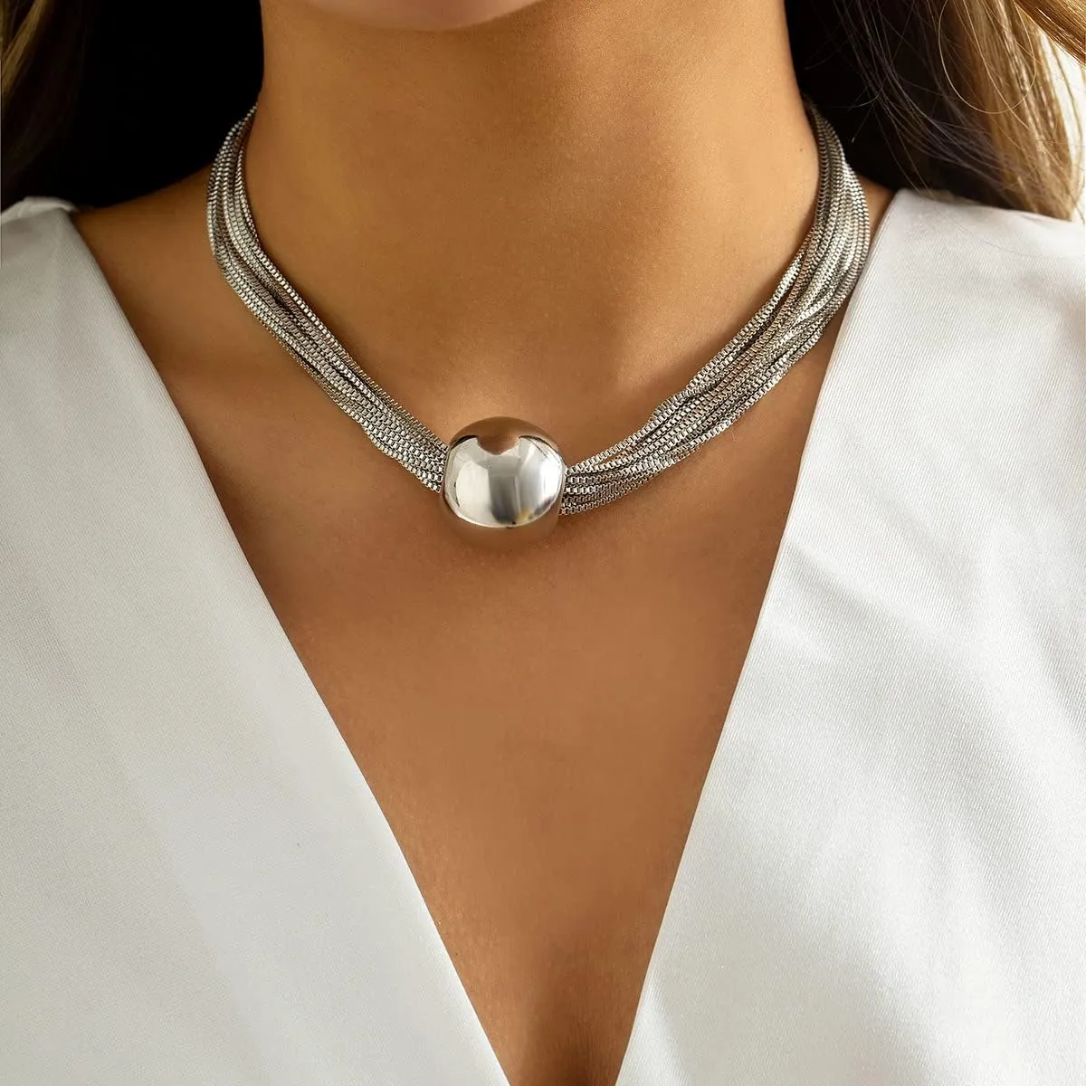 Layered Necklaces For Women Choker Wide Collar 14K Gold Plated Multi-Layer Necklace Chunky Paperclip Snake Herringbone Chain Rhinestone