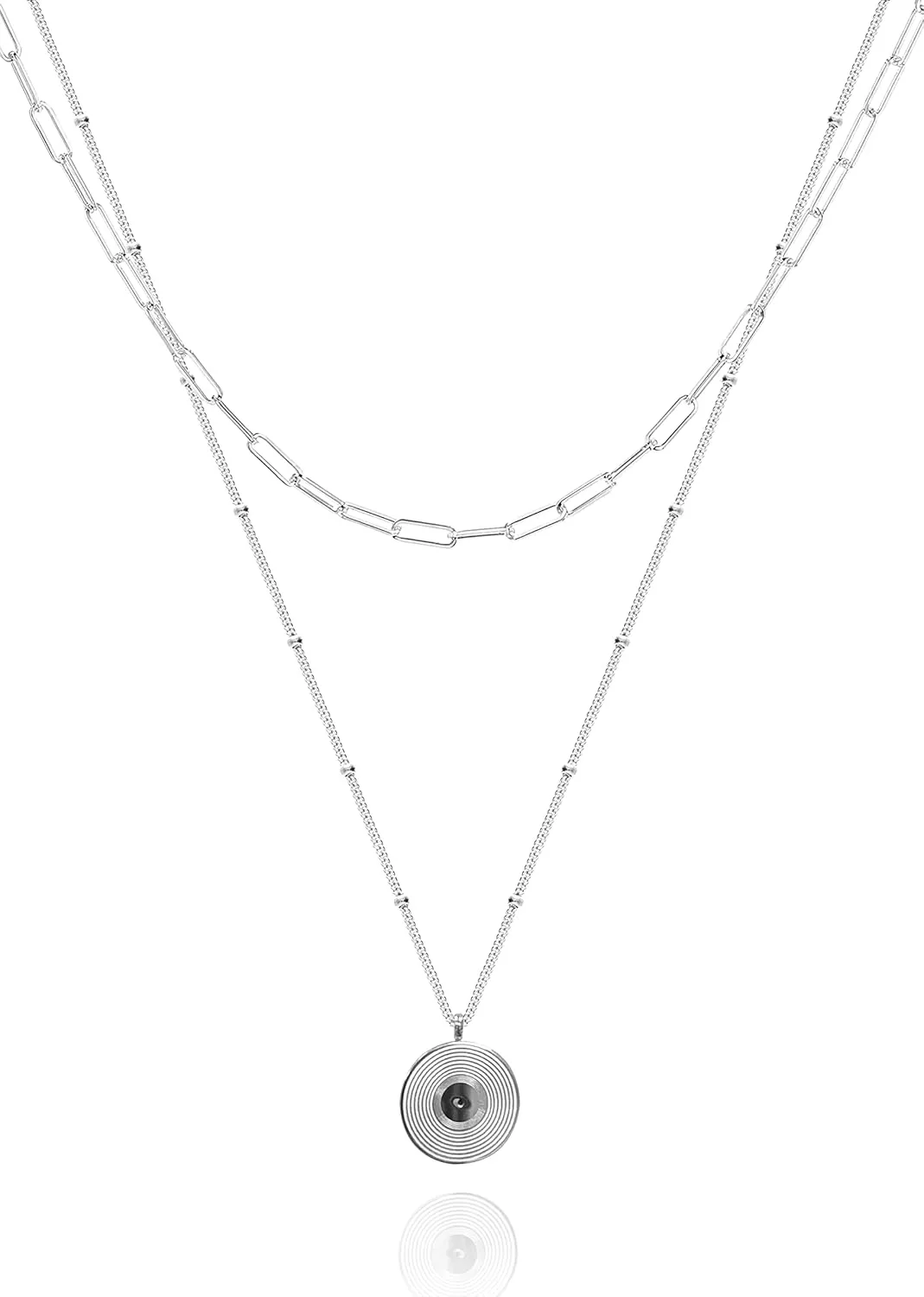 Layered Necklaces for Women | Gold Record Pendant Necklace for Women | 18K Gold Filled Vinyl Record Coin Pendant Necklace | Layered Silver Necklaces | Paperclip Choker Necklace | Dainty Gold Necklace for Women | Trendy Jewelry Gift for Women