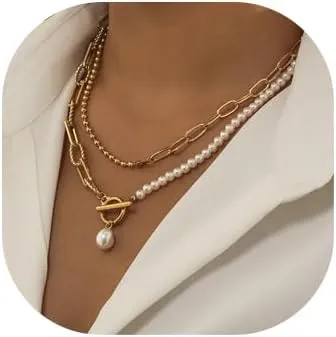 Layered Necklaces Pearl Chunky for Women Clasp Paperclip Necklace Ball Chain Necklace Trendy Jewelry for Women