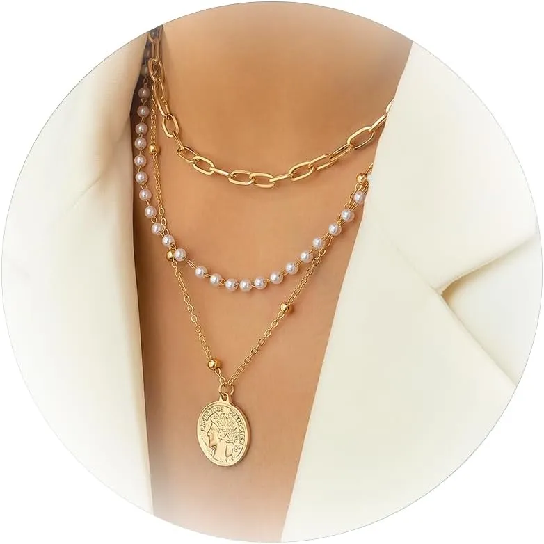 Layered Pearl Necklace for Women Gold Multilayer Pearl Choker Necklaces Paperclip Link Chain Necklace Jewelry Gift for Women