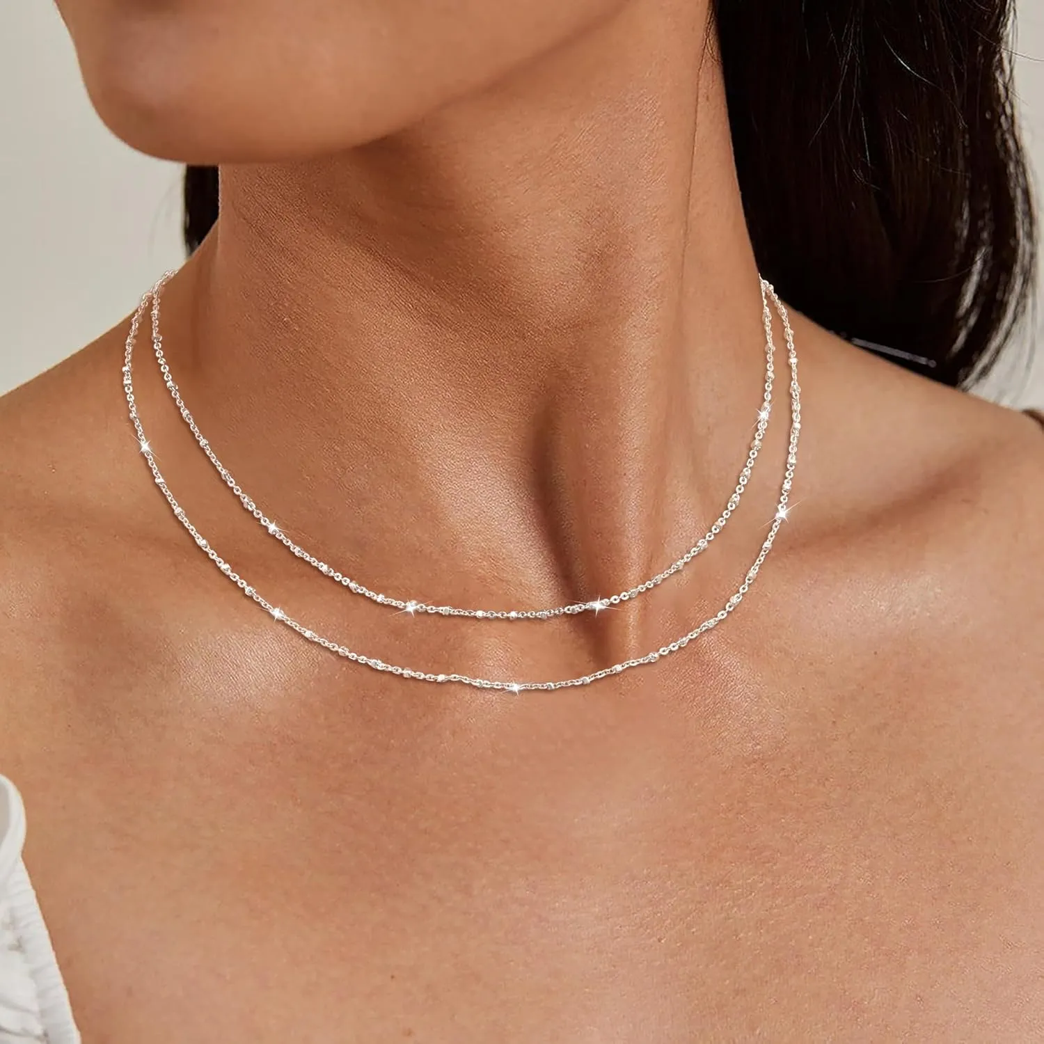 Layered Silver Necklaces for Women: Dainty Double Choker Necklace for Women Silver Plated Satellite Necklace Stack Paperclip Chain Necklace Jewelry for Women Trendy 14/16/18 Inches