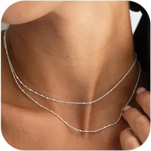 Layered Silver Necklaces for Women: Dainty Double Choker Necklace for Women Silver Plated Satellite Necklace Stack Paperclip Chain Necklace Jewelry for Women Trendy 14/16/18 Inches