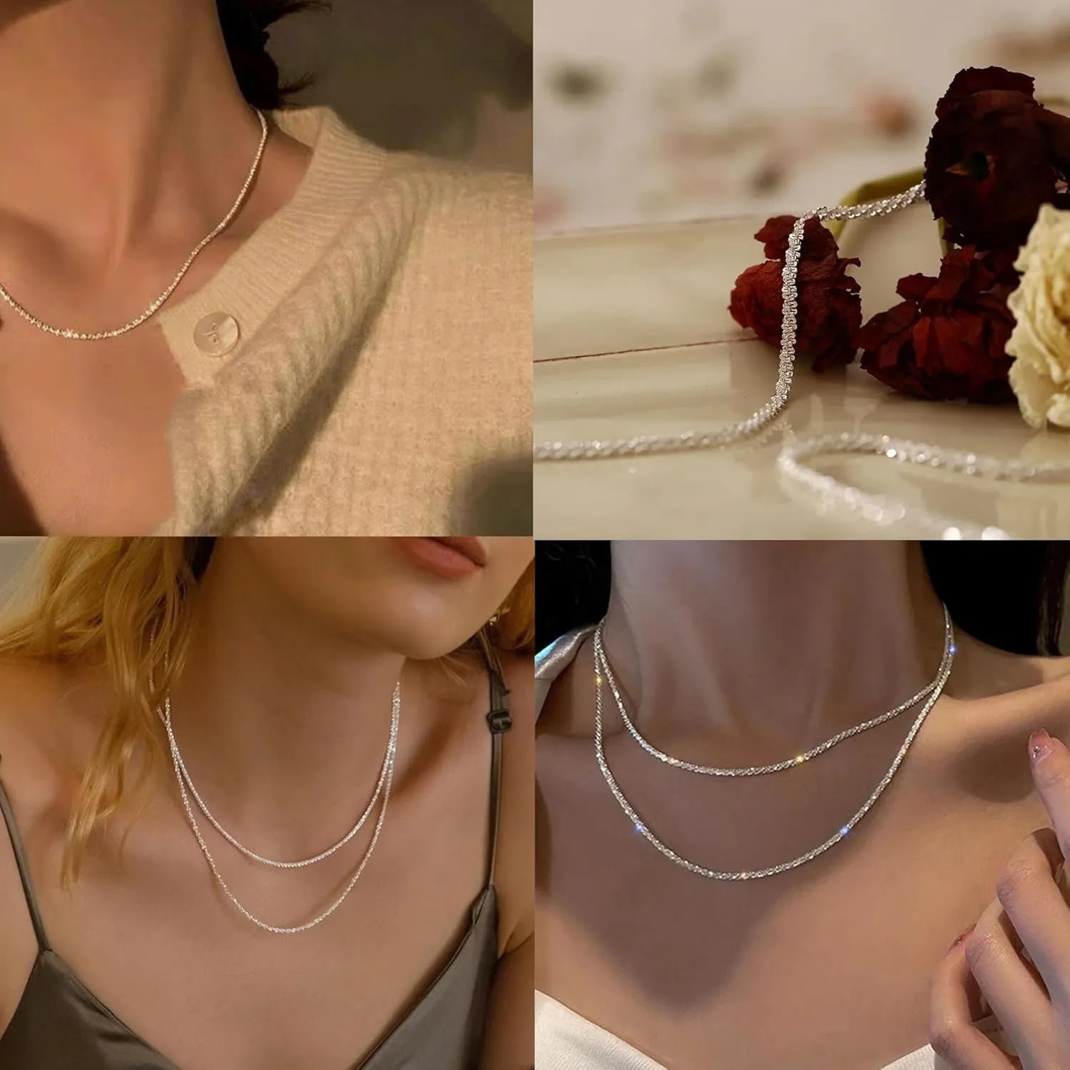 Layered Silver Necklaces for Women: Dainty Double Choker Necklace for Women Silver Plated Satellite Necklace Stack Paperclip Chain Necklace Jewelry for Women Trendy 14/16/18 Inches