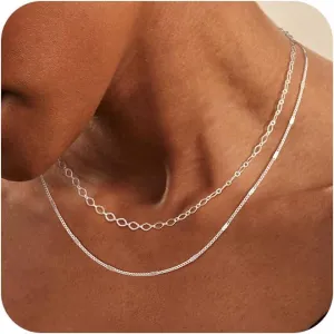 Layered Silver Necklaces for Women: Dainty Double Choker Necklace for Women Silver Plated Satellite Necklace Stack Paperclip Chain Necklace Jewelry for Women Trendy 14/16/18 Inches