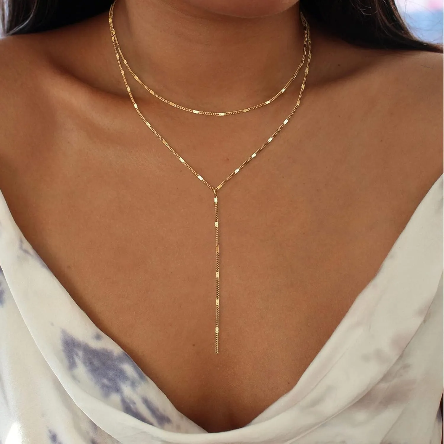 Layered Y Lariat Necklace Gold Chain Lariat Necklace Minimalist Chain Y Drop Necklace Long Chain Y Shape Necklace Layering Flat Chain Drop Necklaces
