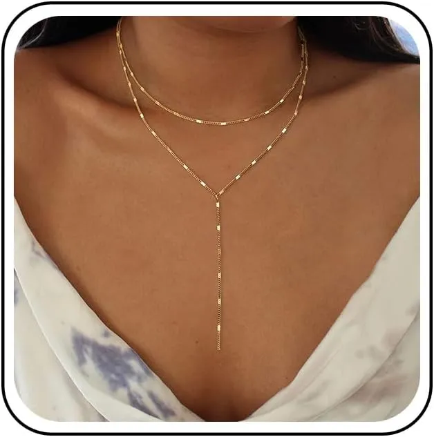 Layered Y Lariat Necklace Gold Chain Lariat Necklace Minimalist Chain Y Drop Necklace Long Chain Y Shape Necklace Layering Flat Chain Drop Necklaces