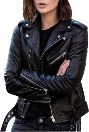 Leather Jacket for Women Fashion Zip Up PU Leather Motorcycle Jacket Casual Slim Short Leather Coat Moto Biker