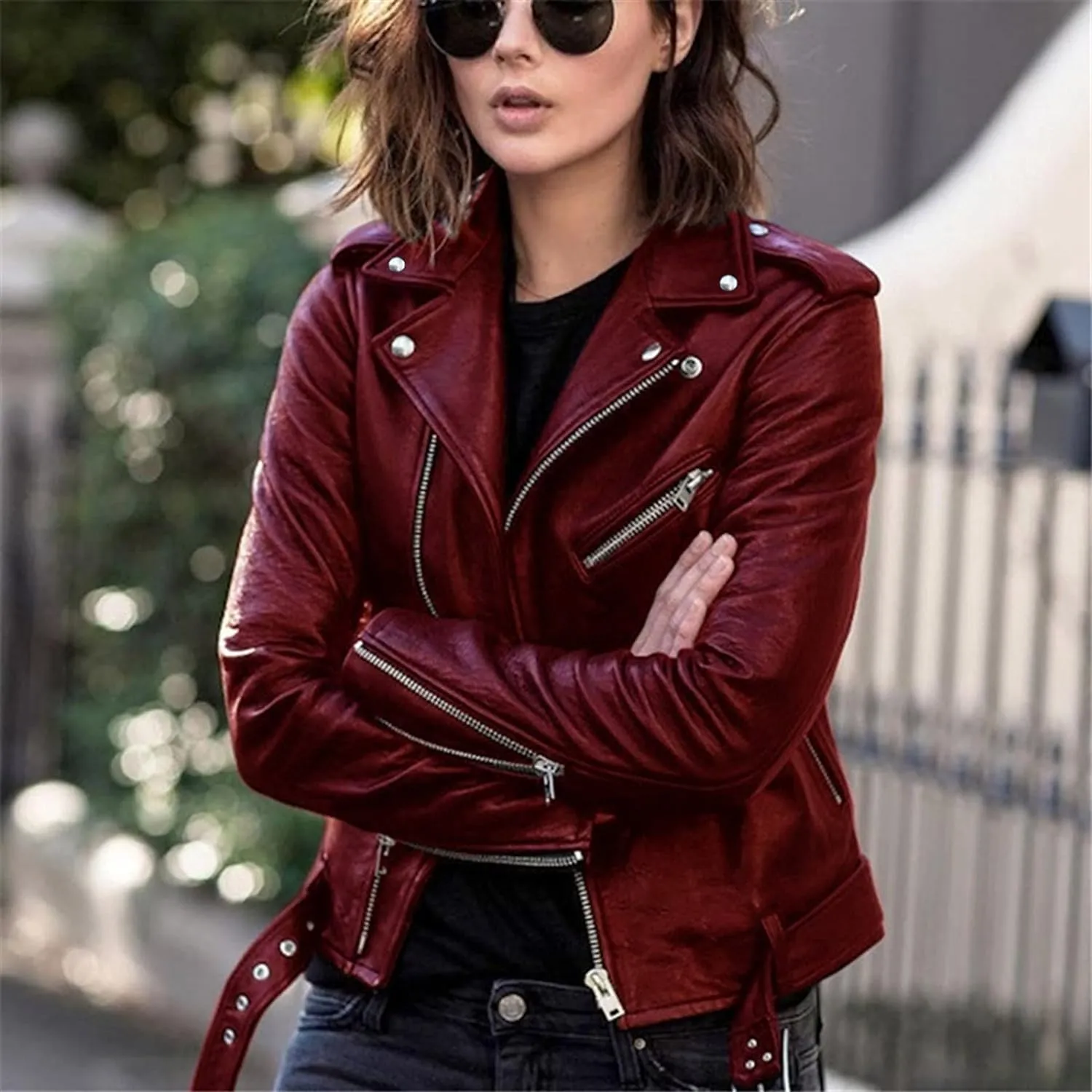 Leather Jacket for Women Fashion Zip Up PU Leather Motorcycle Jacket Casual Slim Short Leather Coat Moto Biker