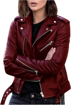 Leather Jacket for Women Fashion Zip Up PU Leather Motorcycle Jacket Casual Slim Short Leather Coat Moto Biker