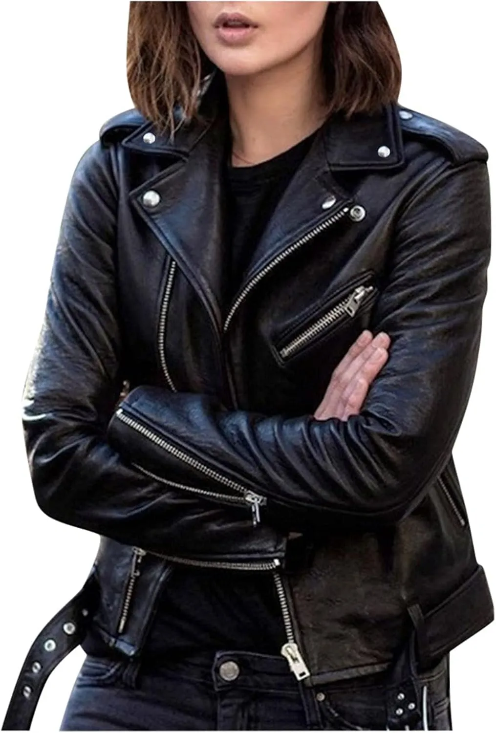 Leather Jacket for Women Fashion Zip Up PU Leather Motorcycle Jacket Casual Slim Short Leather Coat Moto Biker