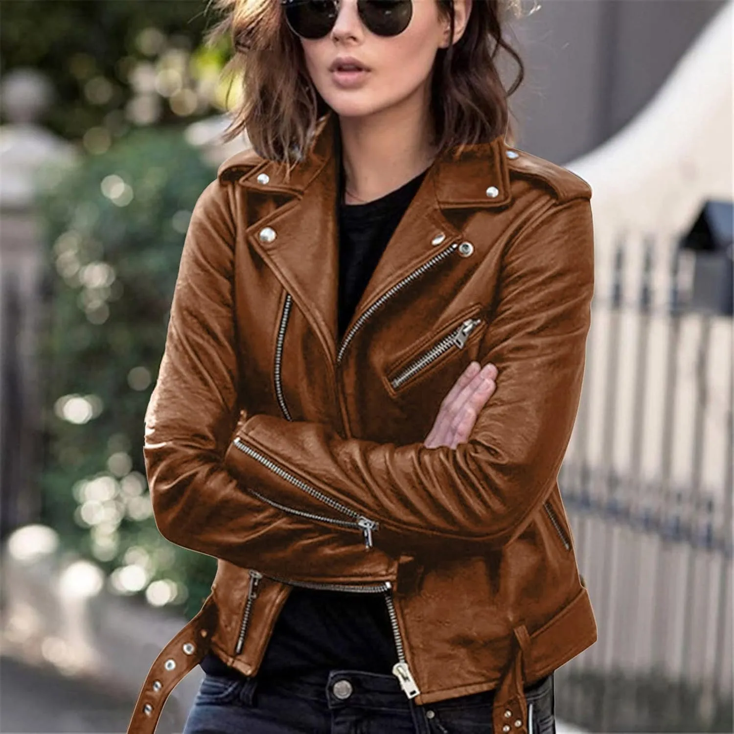 Leather Jacket for Women Fashion Zip Up PU Leather Motorcycle Jacket Casual Slim Short Leather Coat Moto Biker