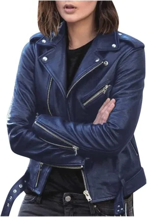 Leather Jacket for Women Fashion Zip Up PU Leather Motorcycle Jacket Casual Slim Short Leather Coat Moto Biker