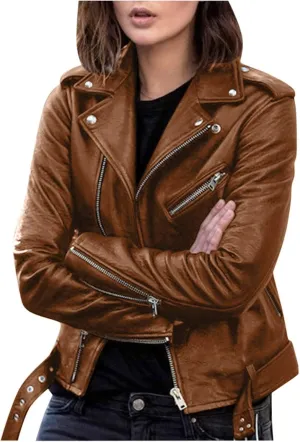 Leather Jacket for Women Fashion Zip Up PU Leather Motorcycle Jacket Casual Slim Short Leather Coat Moto Biker