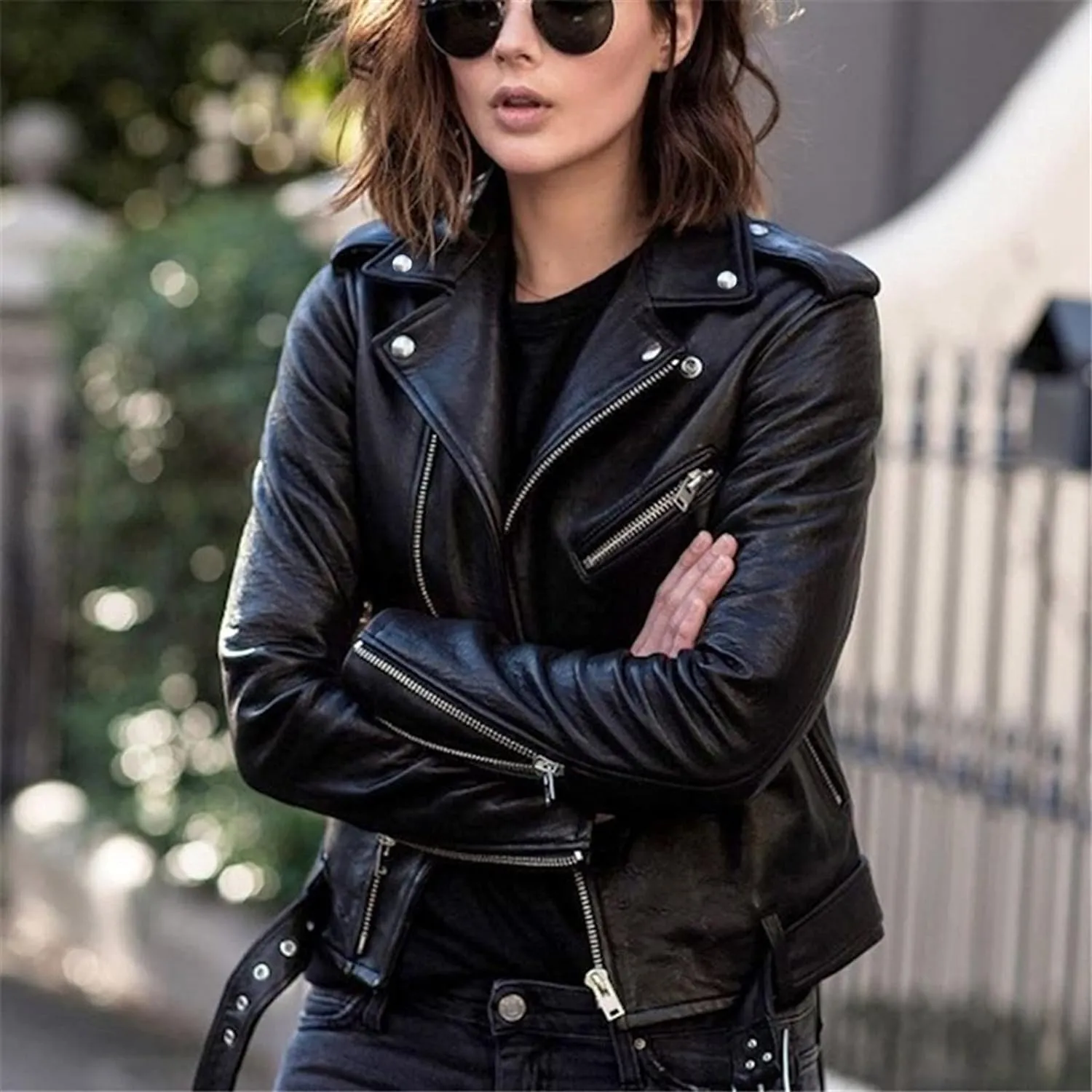 Leather Jacket for Women Fashion Zip Up PU Leather Motorcycle Jacket Casual Slim Short Leather Coat Moto Biker