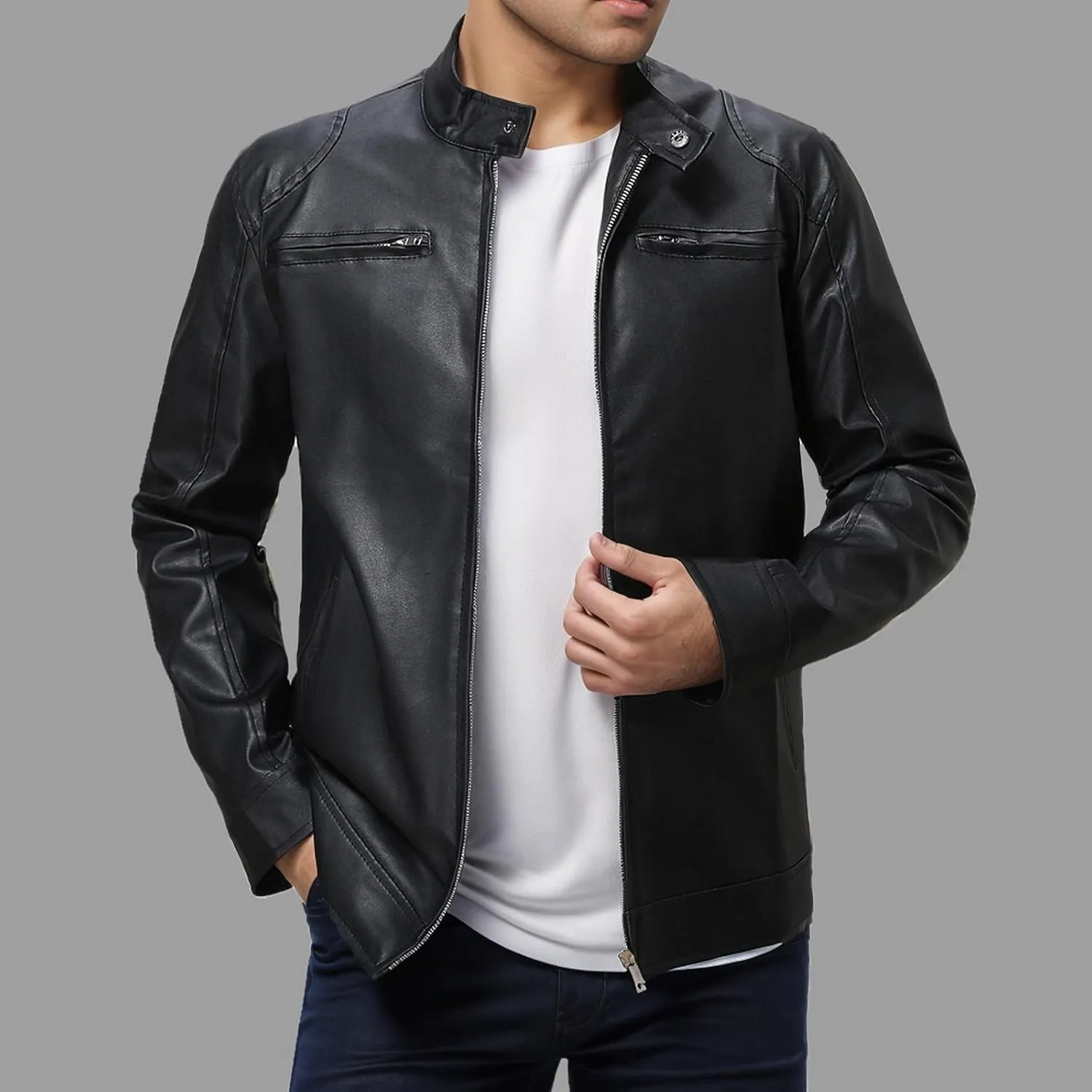Leather Jacket Mens Faux Leather Zip Up Jacket Stand Collar Leather Motorcycle Jacket Stylish Bomber Outwear Coat