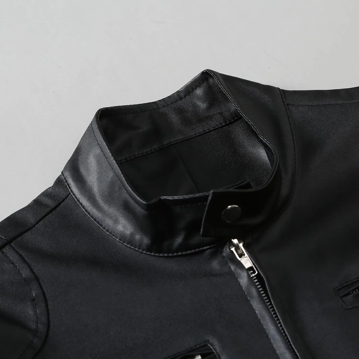Leather Jacket Mens Faux Leather Zip Up Jacket Stand Collar Leather Motorcycle Jacket Stylish Bomber Outwear Coat