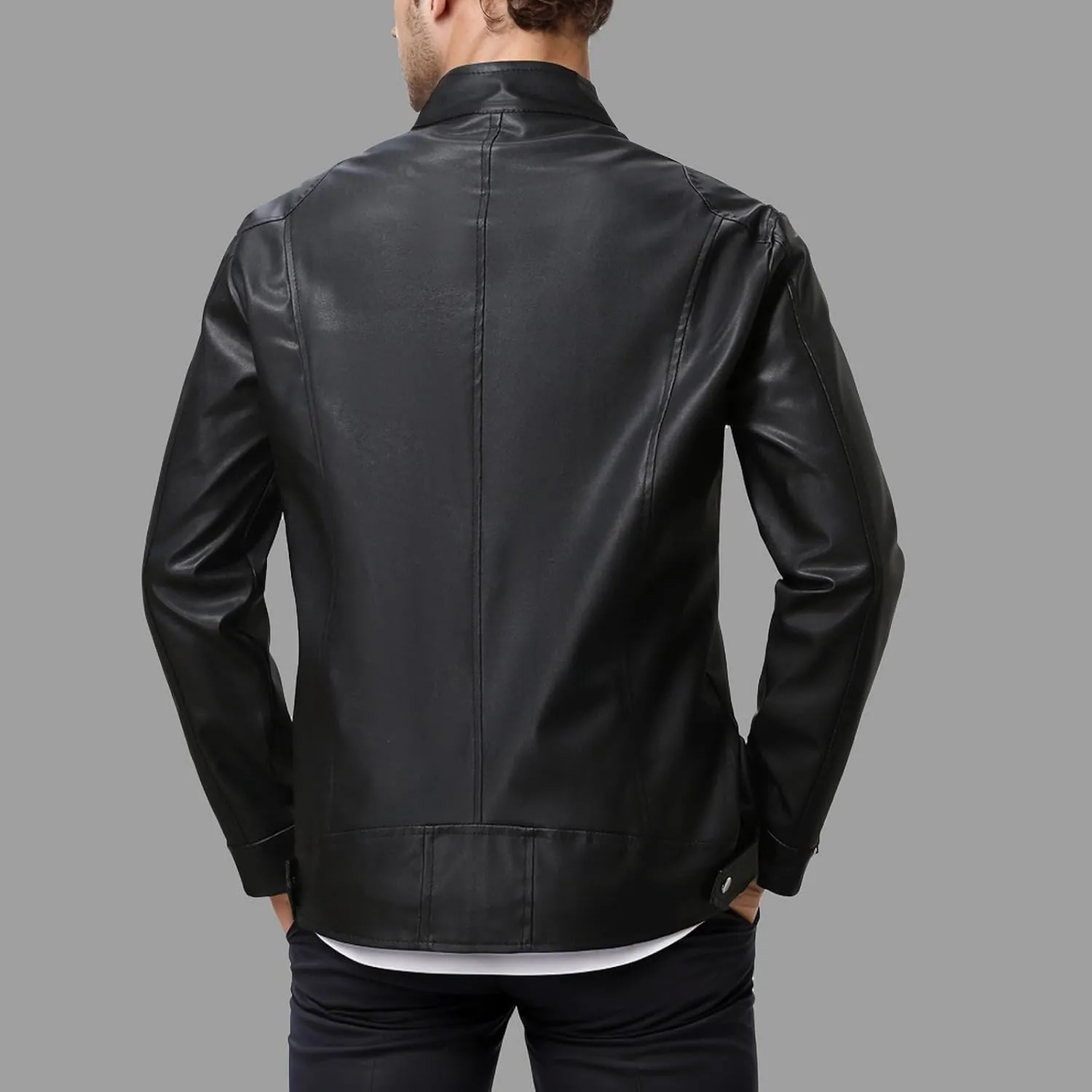 Leather Jacket Mens Faux Leather Zip Up Jacket Stand Collar Leather Motorcycle Jacket Stylish Bomber Outwear Coat