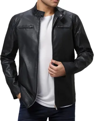 Leather Jacket Mens Faux Leather Zip Up Jacket Stand Collar Leather Motorcycle Jacket Stylish Bomber Outwear Coat
