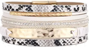 Leather Wrap Bracelet for Women Crystal Wide Cuff Bracelets Multi-Layer Leopard Bangles Wristbands for Girls