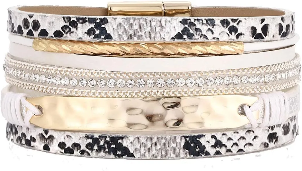 Leather Wrap Bracelet for Women Crystal Wide Cuff Bracelets Multi-Layer Leopard Bangles Wristbands for Girls