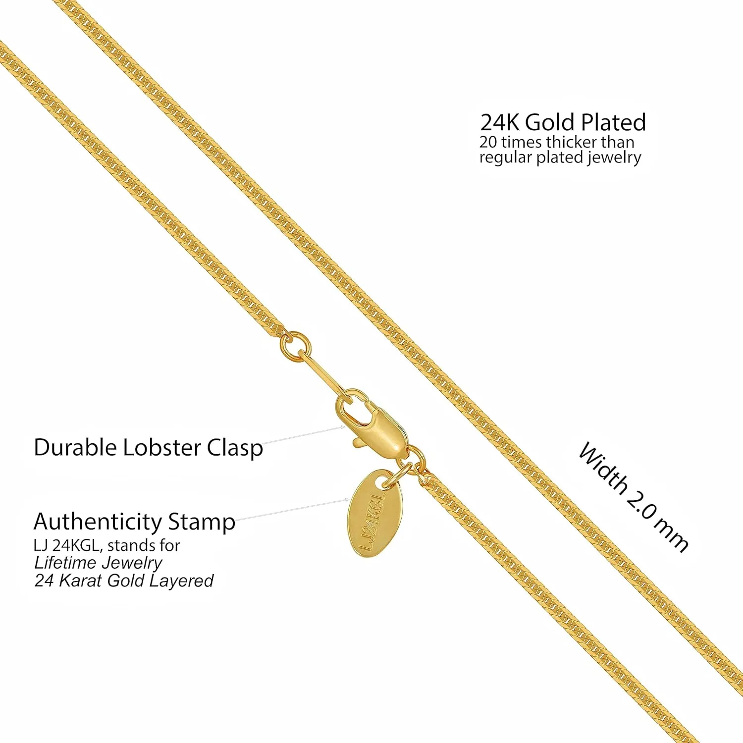 LIFETIME JEWELRY Crushed Herringbone Chain Necklaces for Women and Men 24k Gold Plated