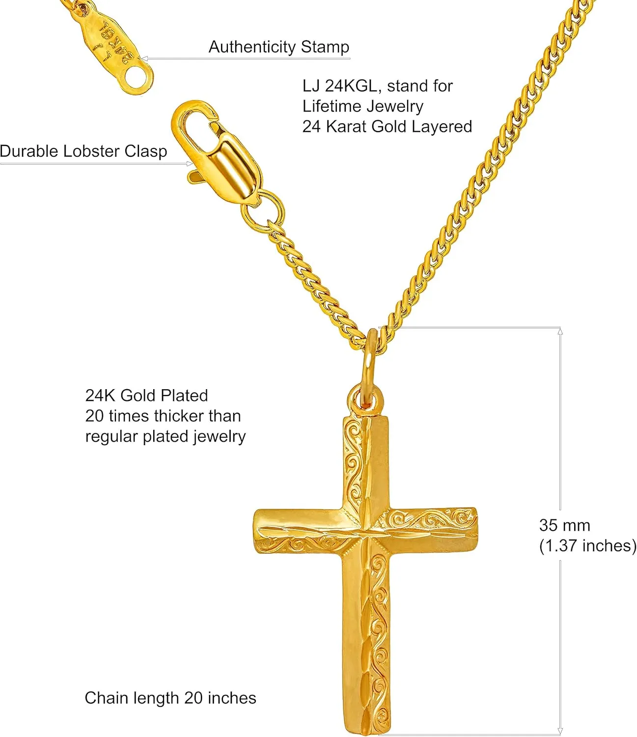 LIFETIME JEWELRY Diamond Cut Cross Necklaces for Women & Men 24k Real Gold Plated