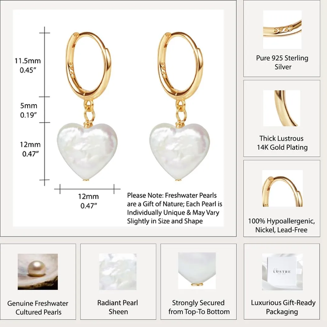 LILY LUSTRE 14k Gold Plated/Filled 925 Sterling Silver Handpicked AAAA Quality Natural White Freshwater Cultured Heart Shaped Pearl Huggie Hoop/Leverback Drop Dangle Earrings for Women