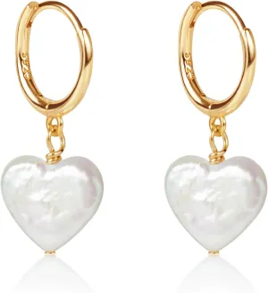 LILY LUSTRE 14k Gold Plated/Filled 925 Sterling Silver Handpicked AAAA Quality Natural White Freshwater Cultured Heart Shaped Pearl Huggie Hoop/Leverback Drop Dangle Earrings for Women