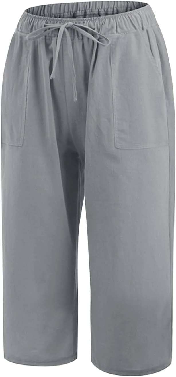 Linen Capri Pants for Women Casual Summer Plus Size Capris Drawstring High Waist Wide Leg Cropped Trouser with Pocket