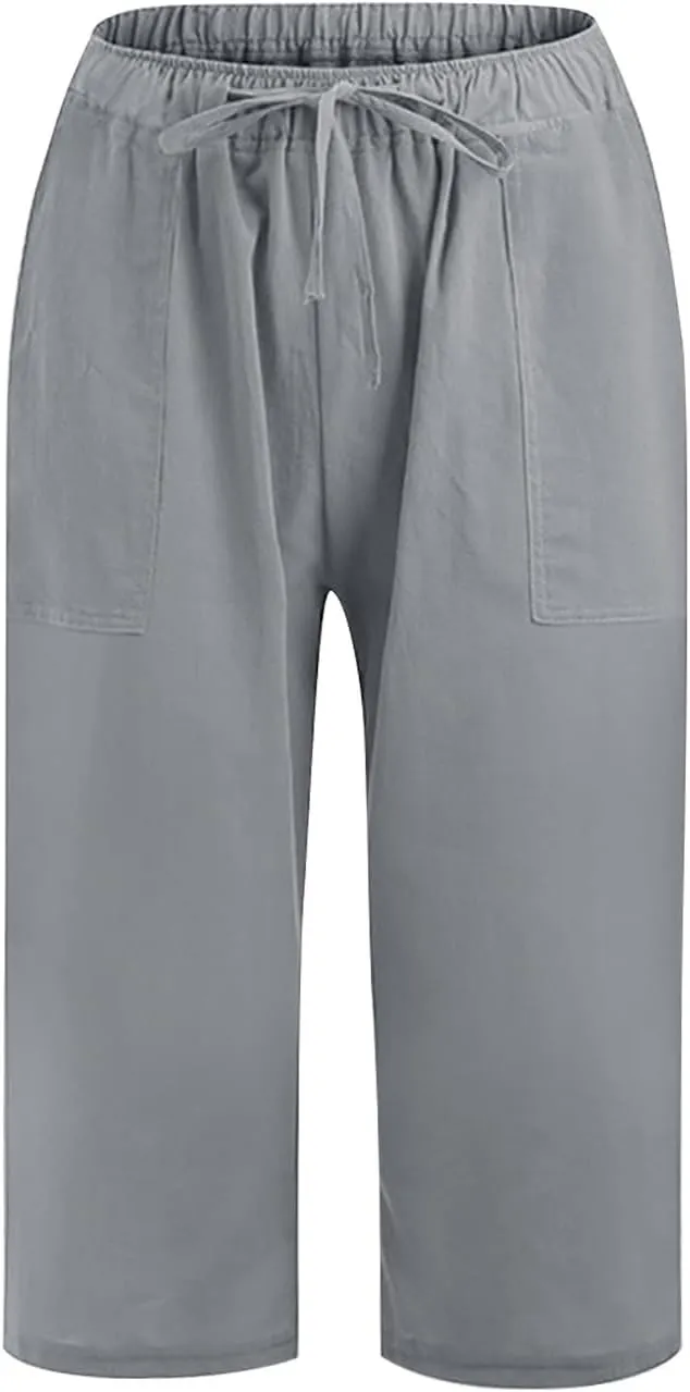 Linen Capri Pants for Women Casual Summer Plus Size Capris Drawstring High Waist Wide Leg Cropped Trouser with Pocket