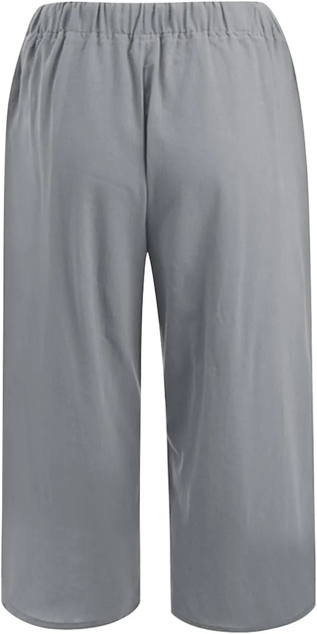Linen Capri Pants for Women Casual Summer Plus Size Capris Drawstring High Waist Wide Leg Cropped Trouser with Pocket