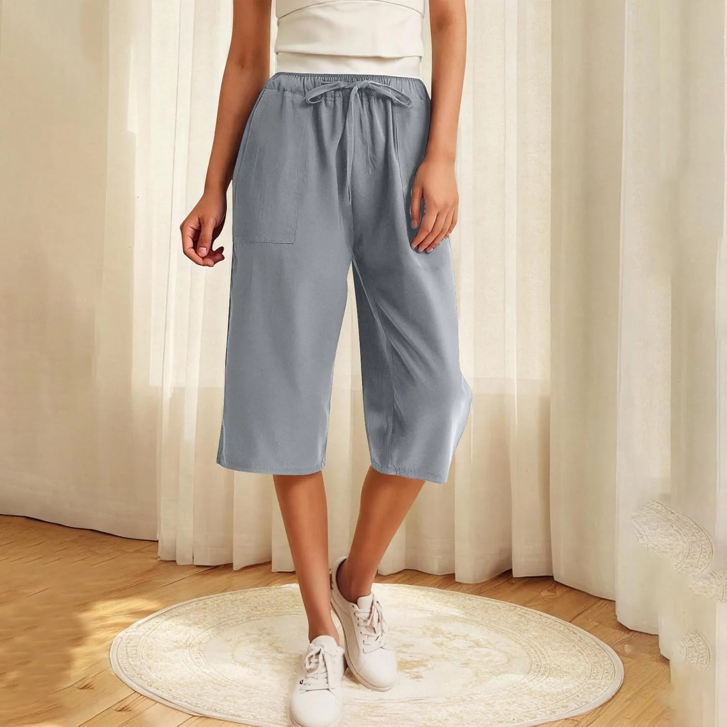 Linen Capri Pants for Women Casual Summer Plus Size Capris Drawstring High Waist Wide Leg Cropped Trouser with Pocket