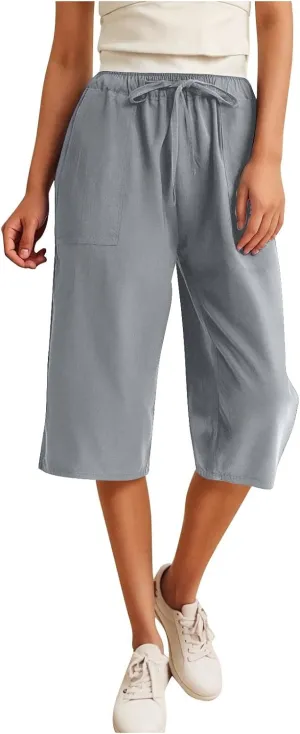 Linen Capri Pants for Women Casual Summer Plus Size Capris Drawstring High Waist Wide Leg Cropped Trouser with Pocket