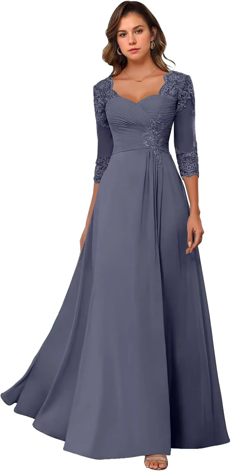 Long Chiffon Mother of The Bride Dresses Lace Applique Mother of The Groom Dress Classy A-line Wedding Guest Dresses