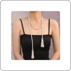 Long Pearl Necklace for Women Multilayer Faux Pearl Bead Long Strand Chain Chunky Big Pearl Necklace Vintage Stacked Tassel Strands Necklace Bridal Wedding Party 1920s Costume Jewelry