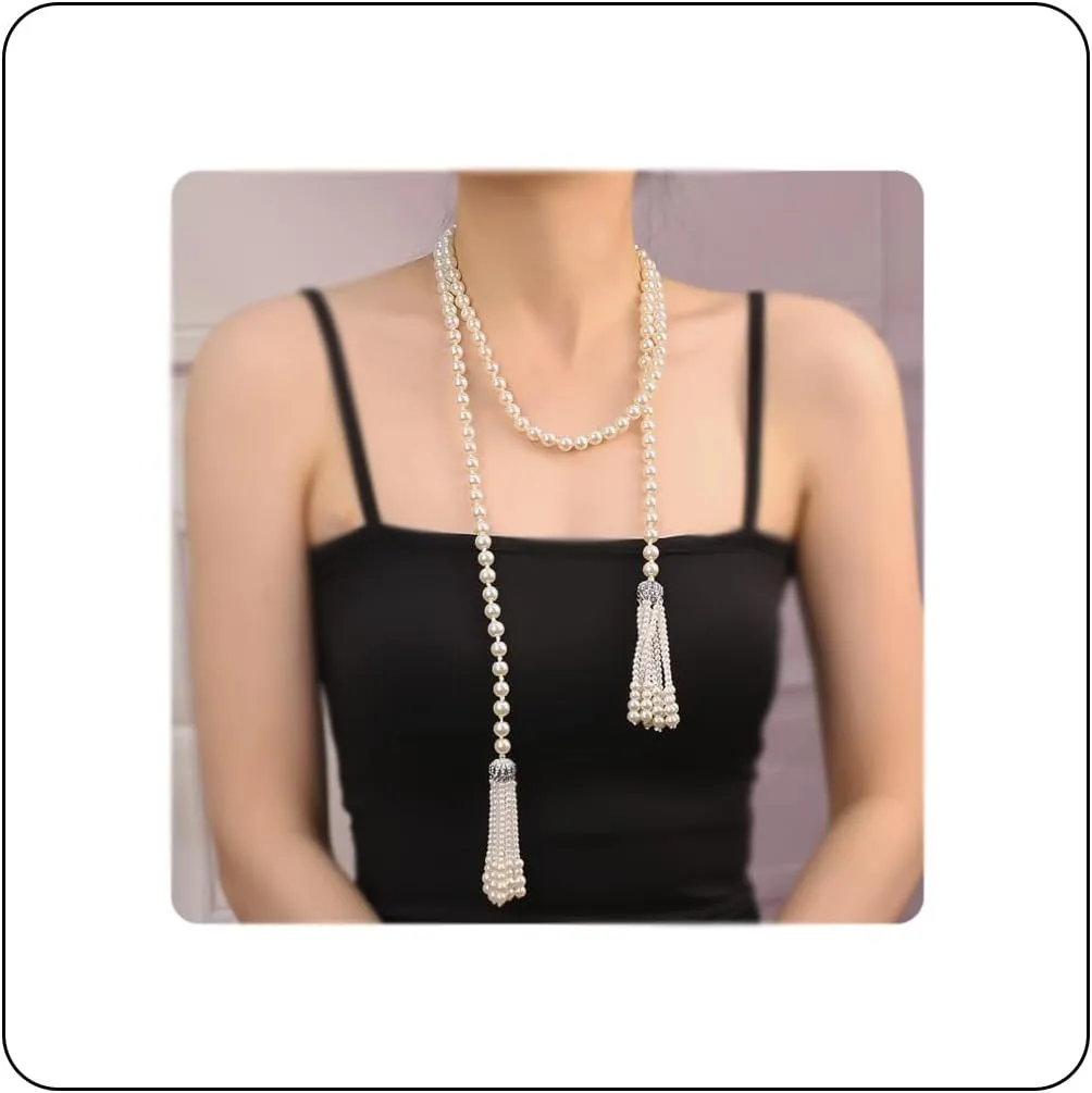 Long Pearl Necklace for Women Multilayer Faux Pearl Bead Long Strand Chain Chunky Big Pearl Necklace Vintage Stacked Tassel Strands Necklace Bridal Wedding Party 1920s Costume Jewelry