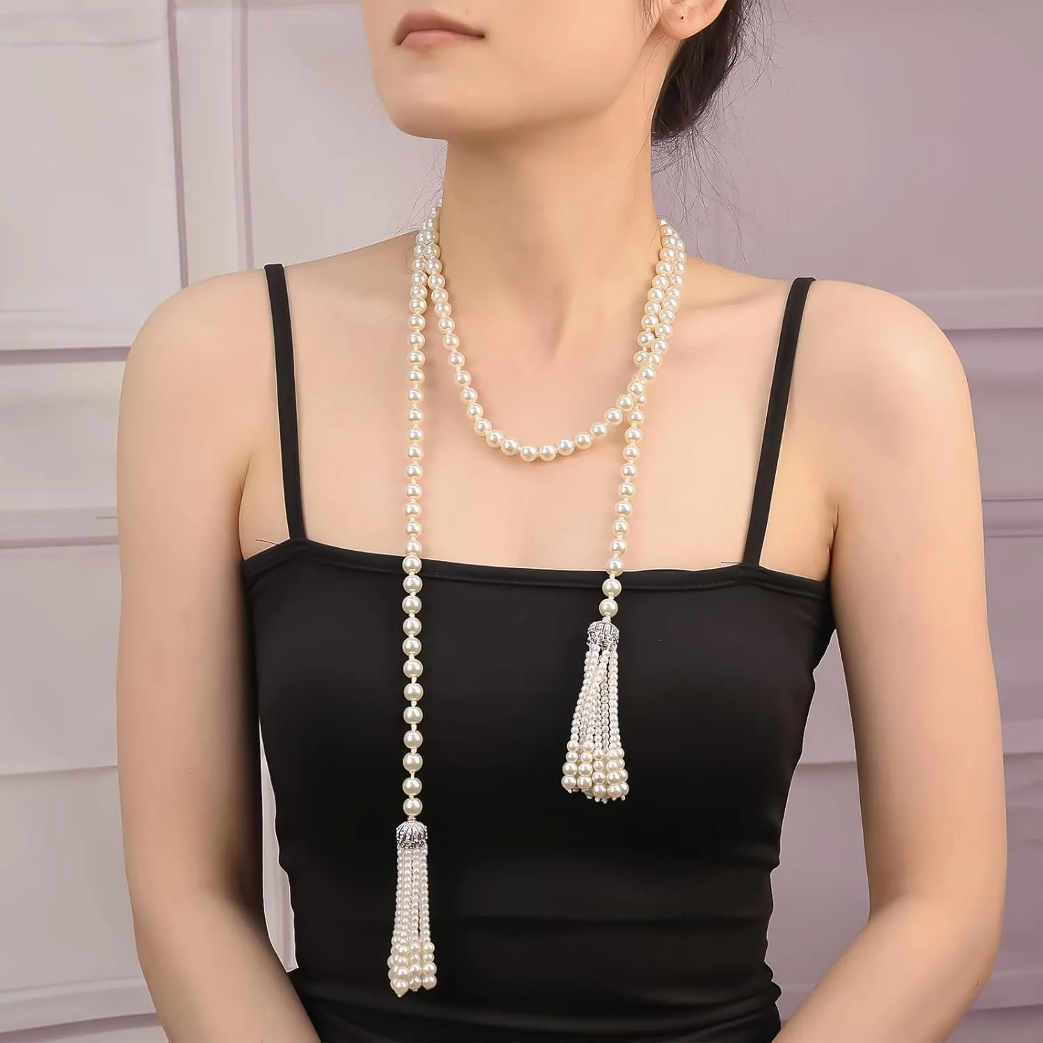Long Pearl Necklace for Women Multilayer Faux Pearl Bead Long Strand Chain Chunky Big Pearl Necklace Vintage Stacked Tassel Strands Necklace Bridal Wedding Party 1920s Costume Jewelry