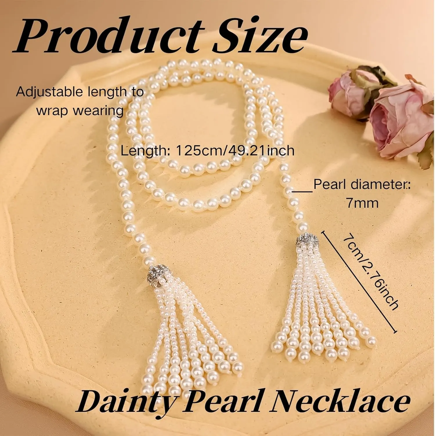 Long Pearl Necklace for Women Multilayer Faux Pearl Bead Long Strand Chain Chunky Big Pearl Necklace Vintage Stacked Tassel Strands Necklace Bridal Wedding Party 1920s Costume Jewelry