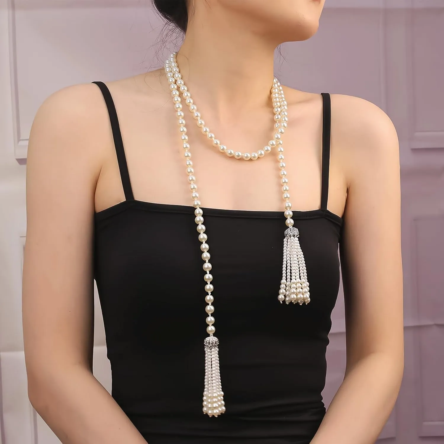 Long Pearl Necklace for Women Multilayer Faux Pearl Bead Long Strand Chain Chunky Big Pearl Necklace Vintage Stacked Tassel Strands Necklace Bridal Wedding Party 1920s Costume Jewelry