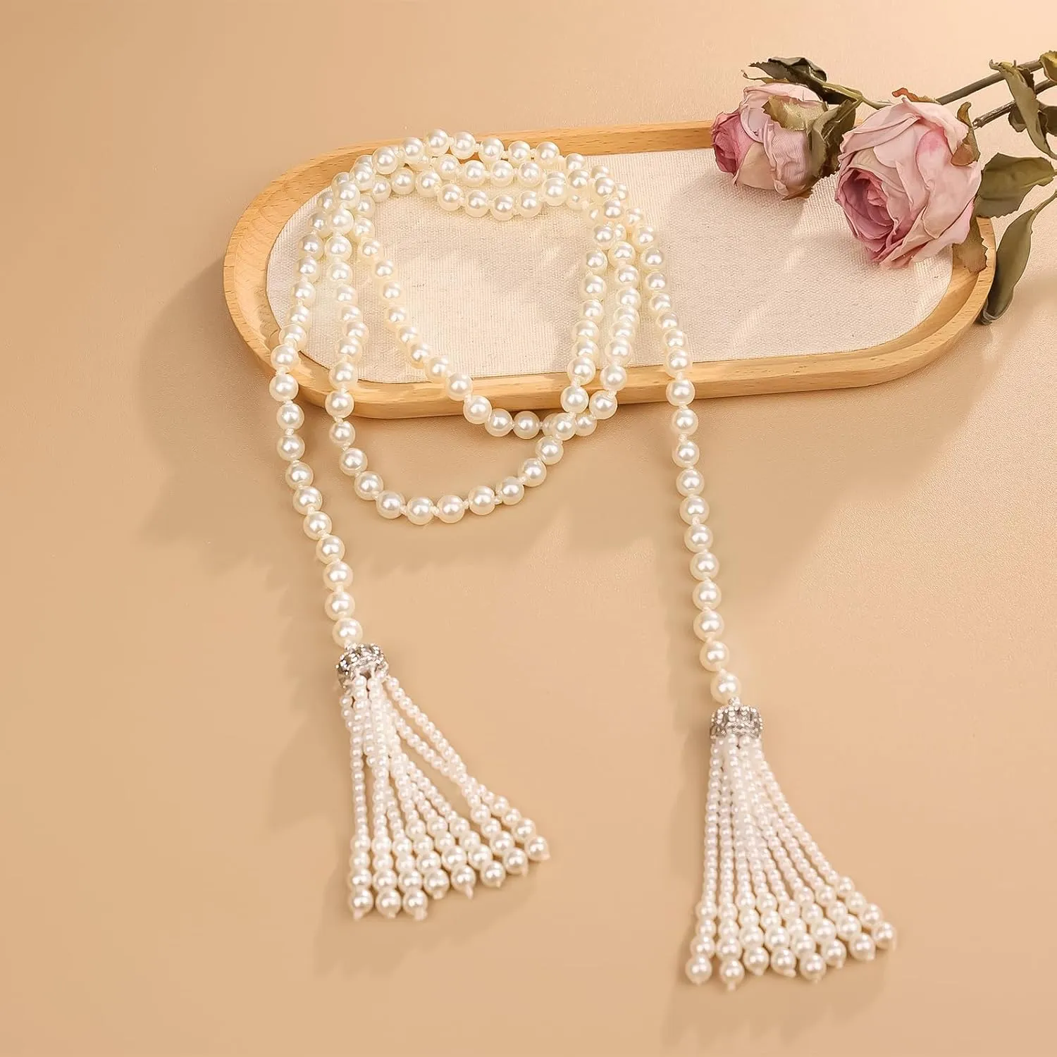 Long Pearl Necklace for Women Multilayer Faux Pearl Bead Long Strand Chain Chunky Big Pearl Necklace Vintage Stacked Tassel Strands Necklace Bridal Wedding Party 1920s Costume Jewelry
