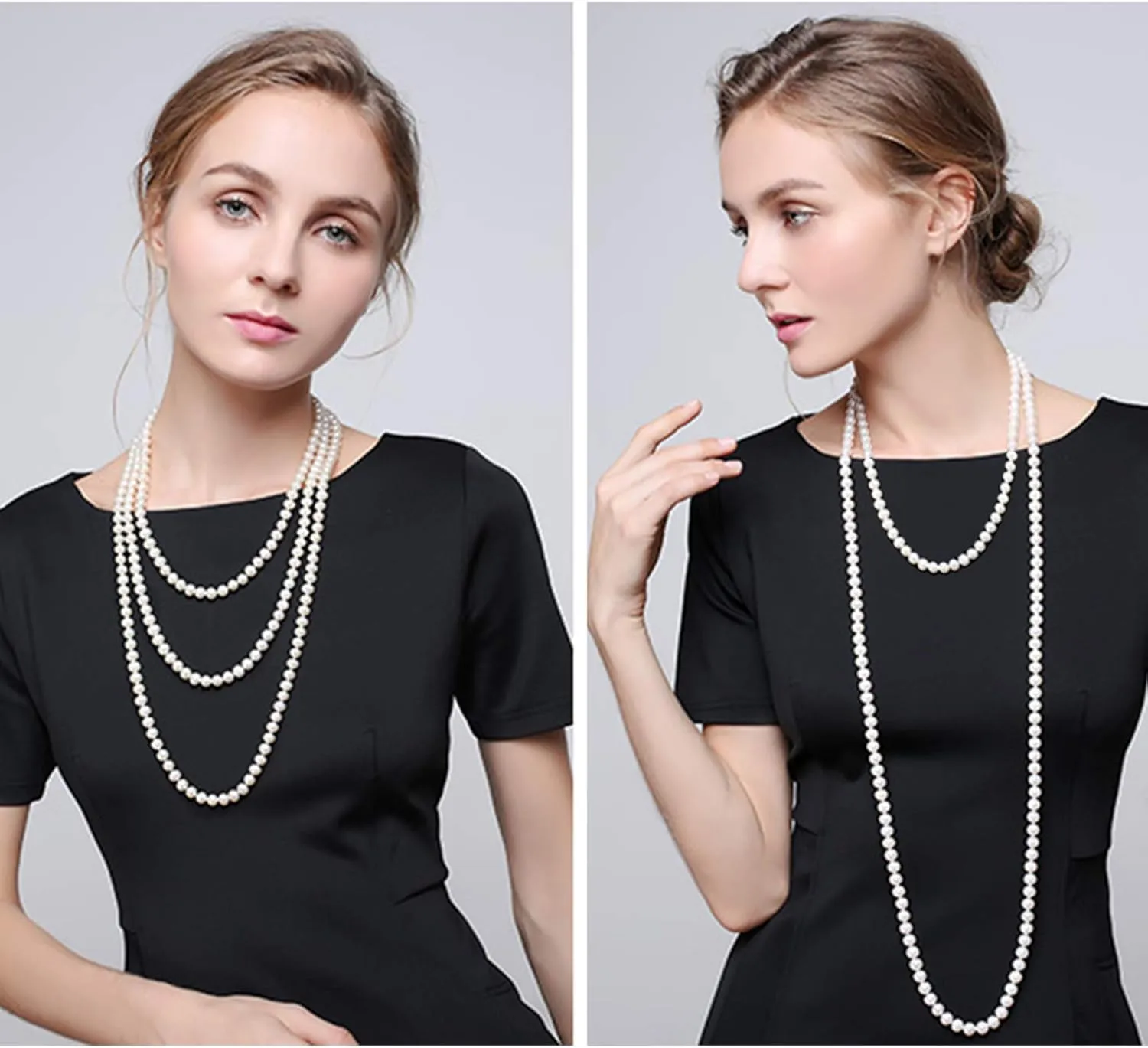 Long Pearl Necklaces for Women Cream White Faux Pearl Strand Layered Necklace Costume Jewelry