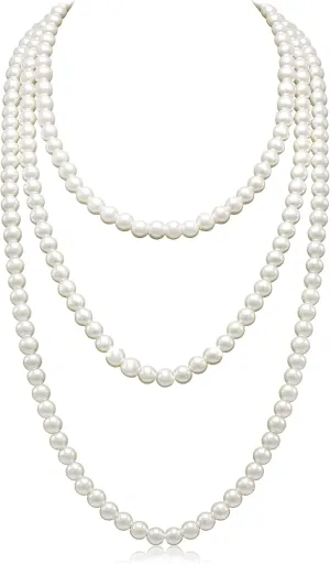 Long Pearl Necklaces for Women Cream White Faux Pearl Strand Layered Necklace Costume Jewelry