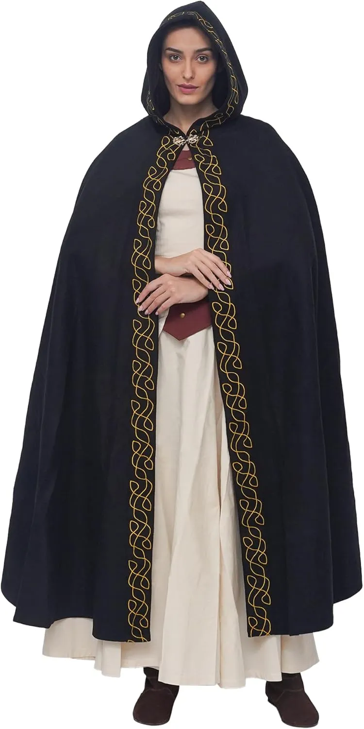 Lord of Battles Renaissance Hooded Woolen Cape 100% Recycled Wool Medieval Hooded Cloak with Brass Cloak Clasp Perfect for LARP, Cosplay, Theater, Halloween Costume